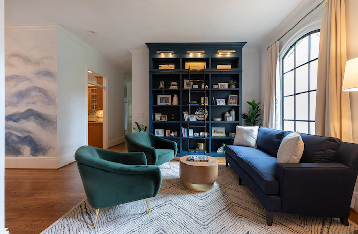 living room with bookcase design for pets