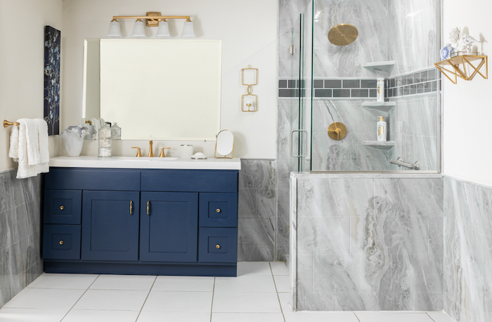 bathroom with blue vanity 