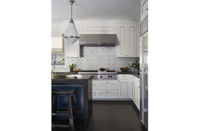 white traditional kitchen with dark wood island